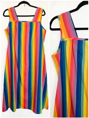 Vintage Rainbow Striped Cotton Colorful Dress, M